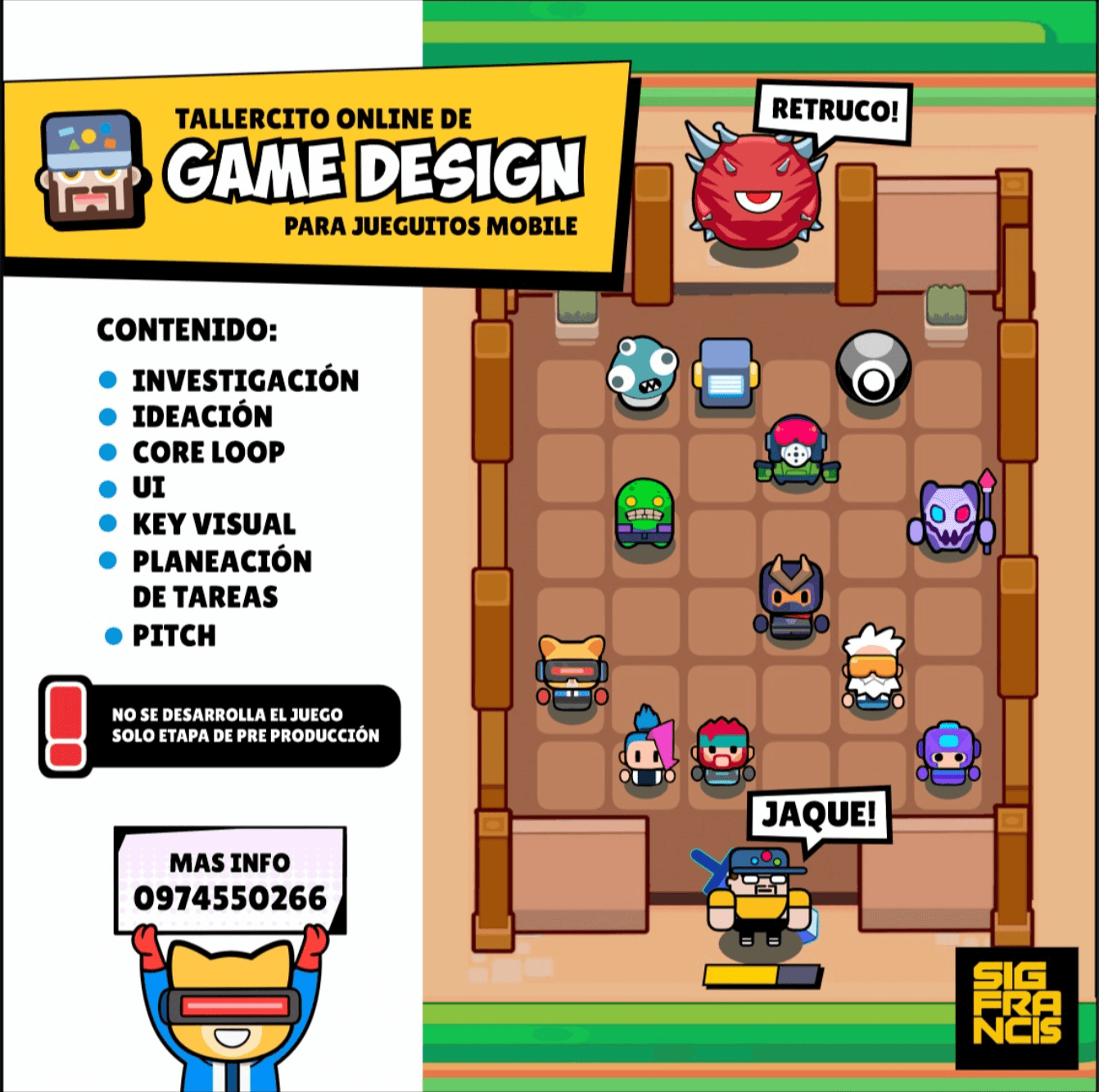 Afiche del taller online de Game Design de Sigfrancis